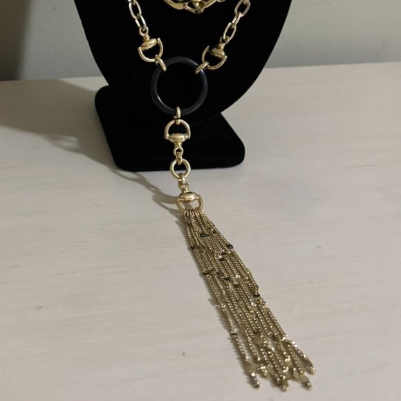 Chico's Gold Chain Black Ring Tassel Pendant Adjustable Necklace - Picture 3 of 4